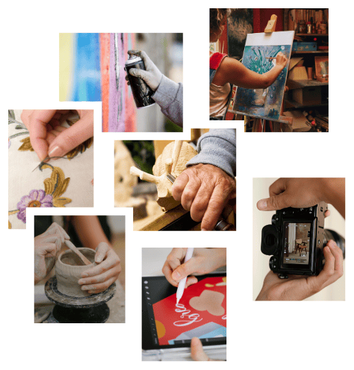 Photos de différents métiers d'art : peintre, sculpteur, grapheur, brodeuse, dessinateur, photographe, céramiste