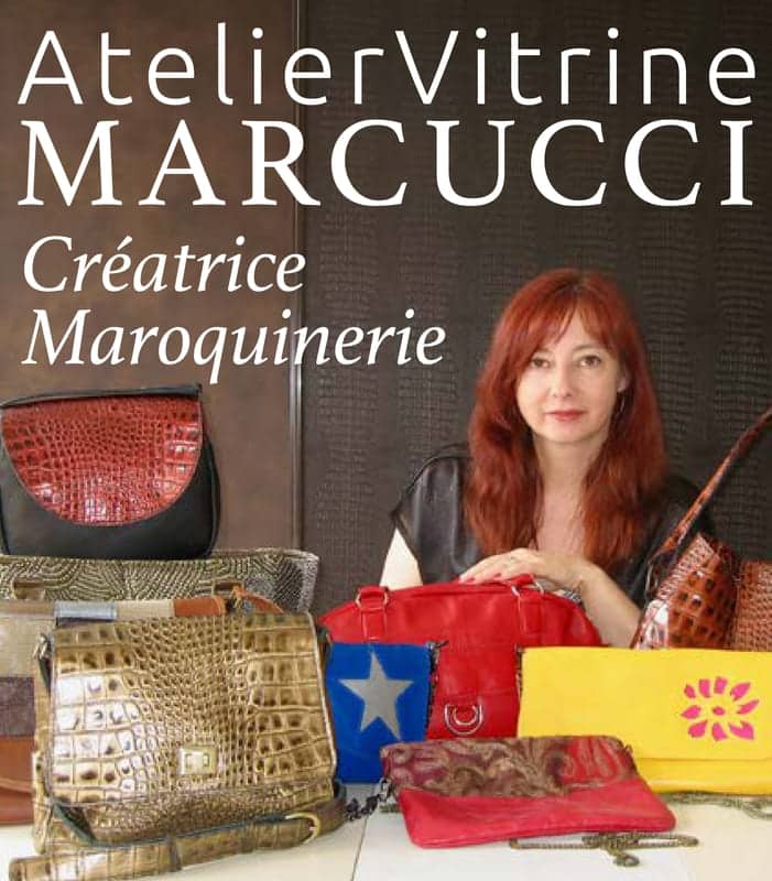 Affiche de Sylvie Marcucci, atelier vitrine de créations en maroquinerie (présentation de différents sacs à main)