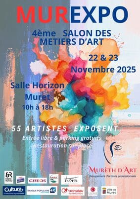 Affiche Murexpo 2025, le 22 et 23 novembre 2025, de 10h à 18h, salle Horizon à Muret. Partenaires : mairie de Muret, Cazaux Imprimerie, Enzo & Rosso, Carosserie Stival, Banque Populaire Occitanie, Kora High Fidelity, Transdev, Cultura